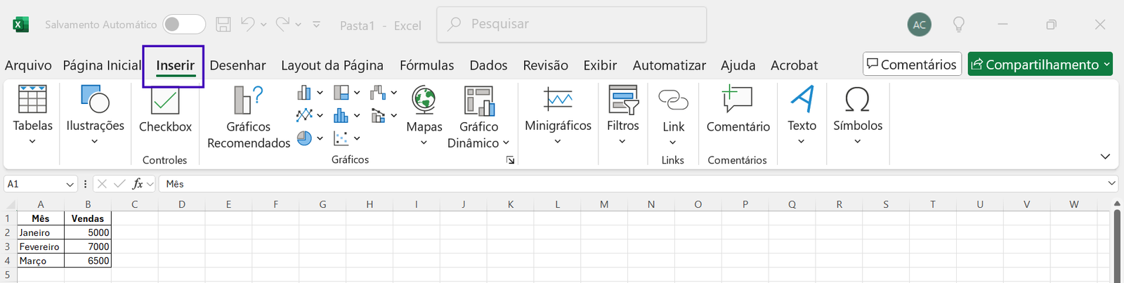 Encontrando a aba Inserir GRAFICO EXCEL